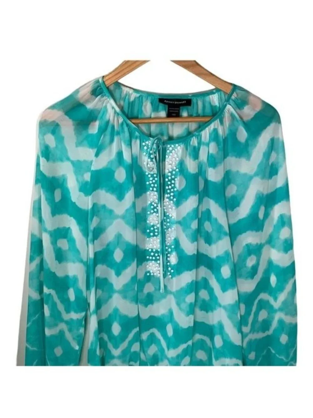 Ashley Stewart Womens 14W Blue Boho Peasant Blouse Sheer Crochet Top Plus Size - Picture 5 of 10
